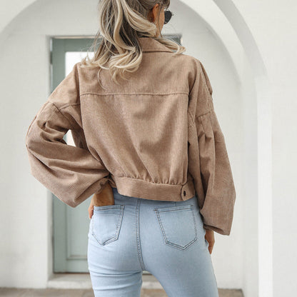 🧥 50% DE RÉDUCTION! ✨ Veste Courte en Velours Côtelé à Manches Ballon pour Femme – Élégante, Douce & Parfaite Pour La Mi-Saison 🌸