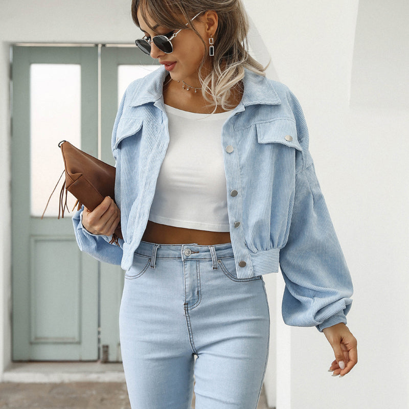 🧥 50% DE RÉDUCTION! ✨ Veste Courte en Velours Côtelé à Manches Ballon pour Femme – Élégante, Douce & Parfaite Pour La Mi-Saison 🌸