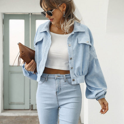 🧥 50% DE RÉDUCTION! ✨ Veste Courte en Velours Côtelé à Manches Ballon pour Femme – Élégante, Douce & Parfaite Pour La Mi-Saison 🌸