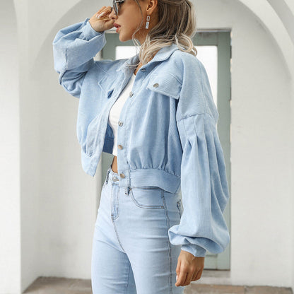 🧥 50% DE RÉDUCTION! ✨ Veste Courte en Velours Côtelé à Manches Ballon pour Femme – Élégante, Douce & Parfaite Pour La Mi-Saison 🌸