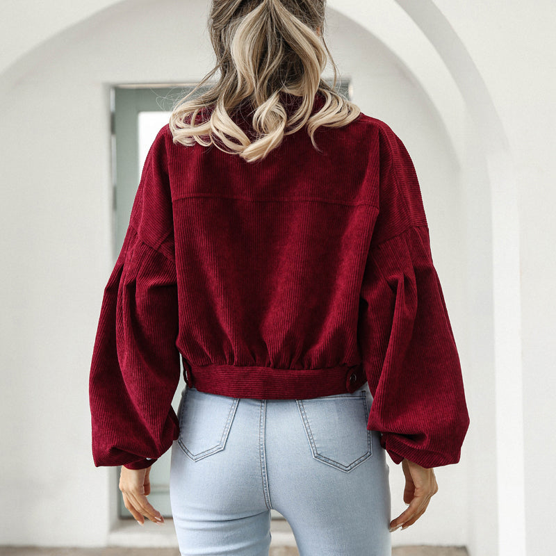 🧥 50% DE RÉDUCTION! ✨ Veste Courte en Velours Côtelé à Manches Ballon pour Femme – Élégante, Douce & Parfaite Pour La Mi-Saison 🌸