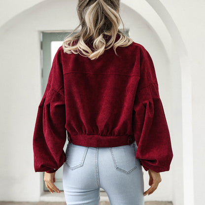 🧥 50% DE RÉDUCTION! ✨ Veste Courte en Velours Côtelé à Manches Ballon pour Femme – Élégante, Douce & Parfaite Pour La Mi-Saison 🌸