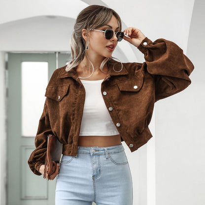 🧥 50% DE RÉDUCTION! ✨ Veste Courte en Velours Côtelé à Manches Ballon pour Femme – Élégante, Douce & Parfaite Pour La Mi-Saison 🌸