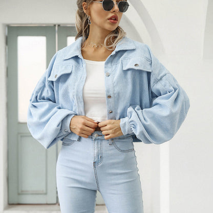 🧥 50% DE RÉDUCTION! ✨ Veste Courte en Velours Côtelé à Manches Ballon pour Femme – Élégante, Douce & Parfaite Pour La Mi-Saison 🌸