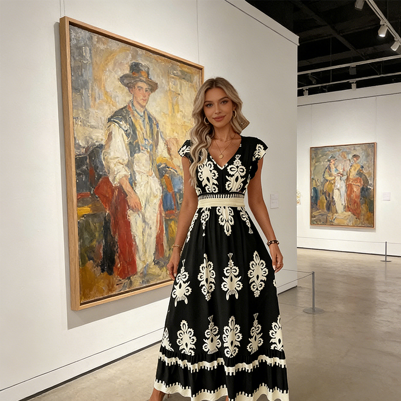 🌼🎑57 % de réduction ✨Robe longue fluide à col en V et imprimé baroque pour femme