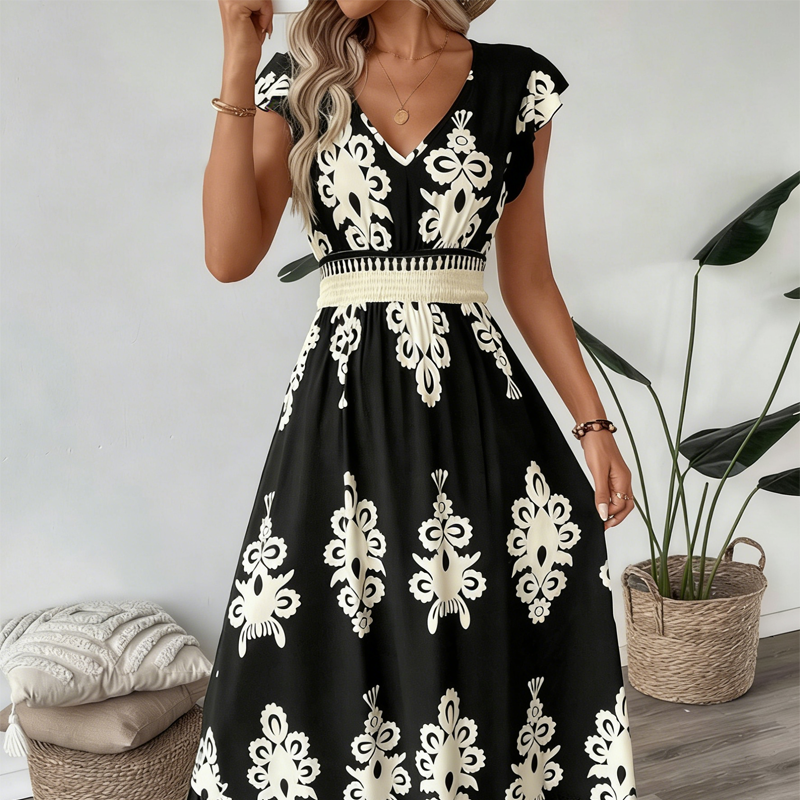 🌼🎑57 % de réduction ✨Robe longue fluide à col en V et imprimé baroque pour femme