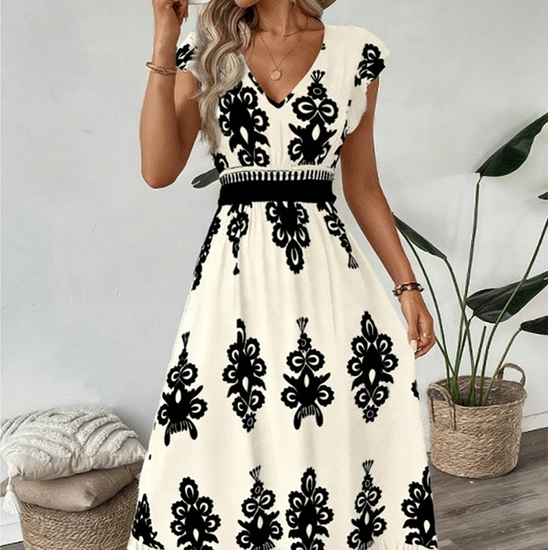 🌼🎑57 % de réduction ✨Robe longue fluide à col en V et imprimé baroque pour femme