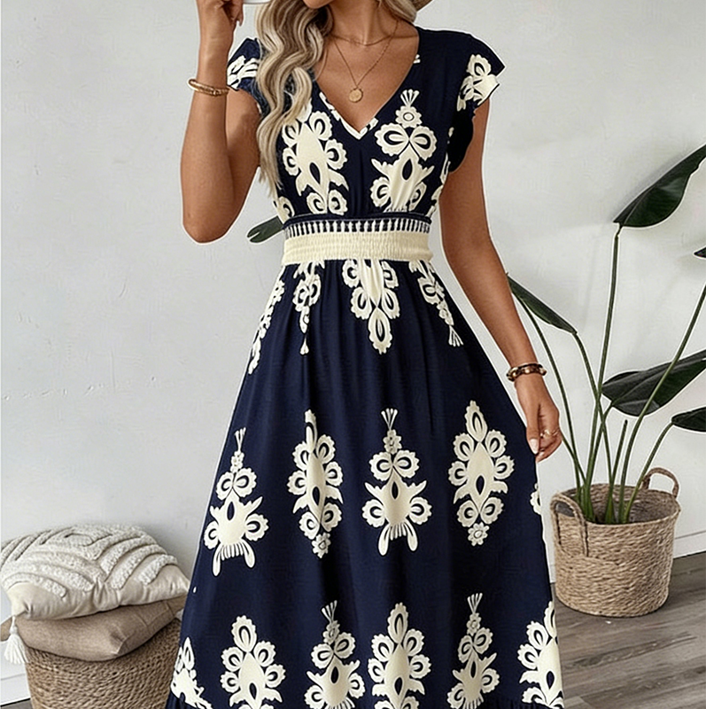 🌼🎑57 % de réduction ✨Robe longue fluide à col en V et imprimé baroque pour femme