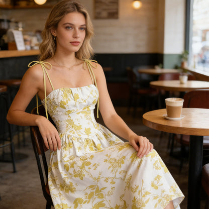 👗 Nouveautés à -50 % 🌸 Robe mi-longue à bretelles nouées et imprimé floral pour femme – Coupe flatteuse, légère et idéale pour le printemps et l'été ☀️