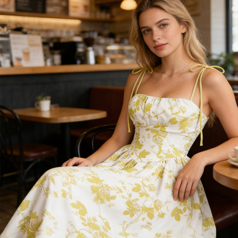 👗 Nouveautés à -50 % 🌸 Robe mi-longue à bretelles nouées et imprimé floral pour femme – Coupe flatteuse, légère et idéale pour le printemps et l'été ☀️
