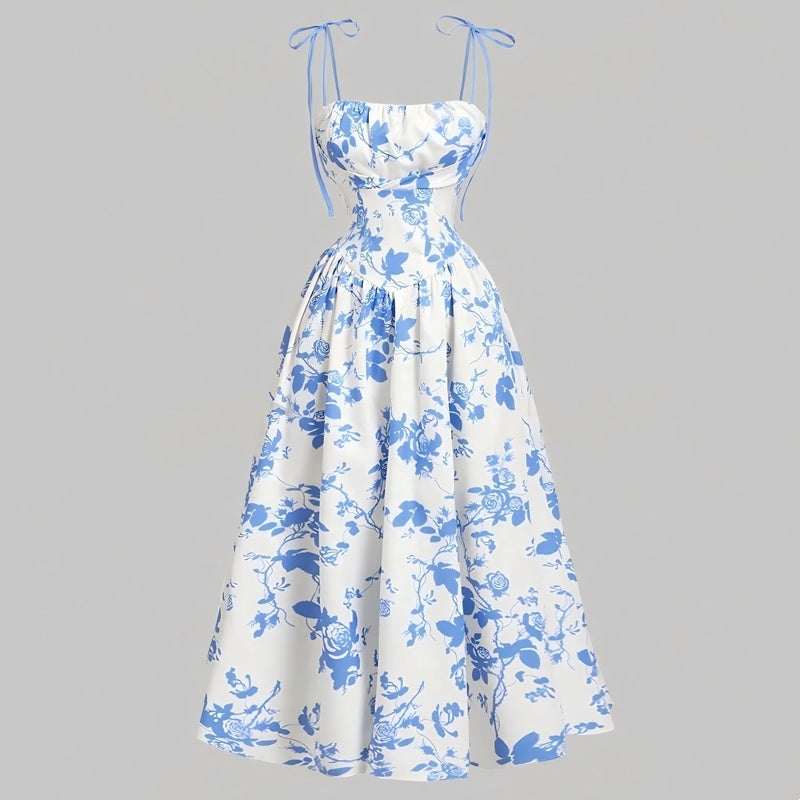 👗 Nouveautés à -50 % 🌸 Robe mi-longue à bretelles nouées et imprimé floral pour femme – Coupe flatteuse, légère et idéale pour le printemps et l'été ☀️