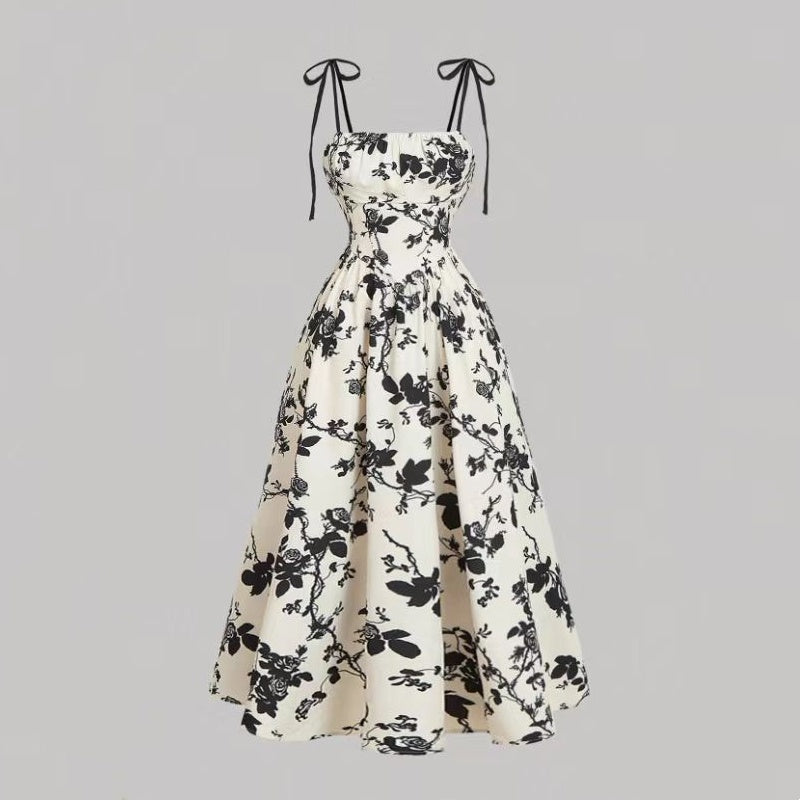 👗 Nouveautés à -50 % 🌸 Robe mi-longue à bretelles nouées et imprimé floral pour femme – Coupe flatteuse, légère et idéale pour le printemps et l'été ☀️