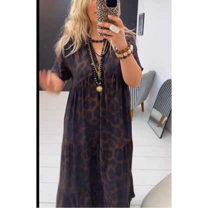 ✨58 % de réduction 🔥Robe léopard 💃 Col V, taille haute, coupe amincissante, jupe fluide, manches courtes respirantes : une élégance sauvage instantanée ! ✨