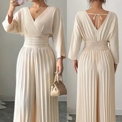 🌺54 % de réduction + livraison gratuite🎀Combinaison élégante à col en V et jambes larges plissées