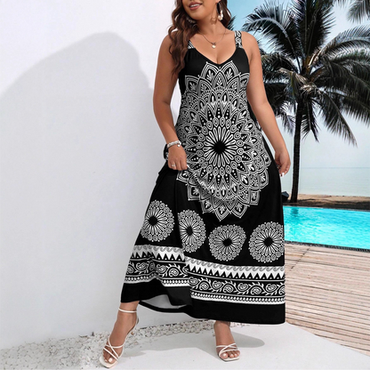 💎 -51 % SUR LA ROBE LONGUE À MANCHES COURTES IMPRIMÉE MANDALA BOHÉMIENNE ! 💎 Silhouette fluide, bretelles réglables et design noir chic ✨