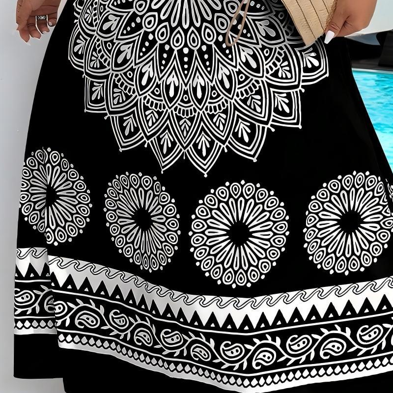 💎 -51 % SUR LA ROBE LONGUE À MANCHES COURTES IMPRIMÉE MANDALA BOHÉMIENNE ! 💎 Silhouette fluide, bretelles réglables et design noir chic ✨