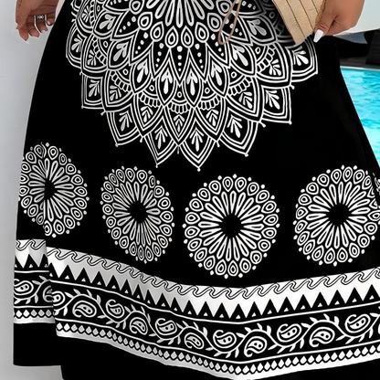 💎 -51 % SUR LA ROBE LONGUE À MANCHES COURTES IMPRIMÉE MANDALA BOHÉMIENNE ! 💎 Silhouette fluide, bretelles réglables et design noir chic ✨