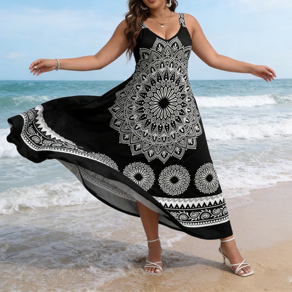 💎 -51 % SUR LA ROBE LONGUE À MANCHES COURTES IMPRIMÉE MANDALA BOHÉMIENNE ! 💎 Silhouette fluide, bretelles réglables et design noir chic ✨