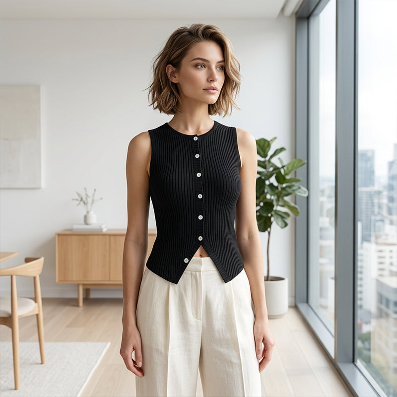🔥🌺 Promotion : 55 % de réduction sur les gilets 🌺🔥Gilet sans manches à boutons pour femme, en maille côtelée