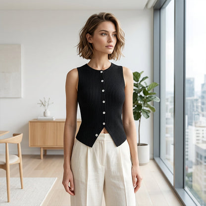 🔥🌺 Promotion : 55 % de réduction sur les gilets 🌺🔥Gilet sans manches à boutons pour femme, en maille côtelée