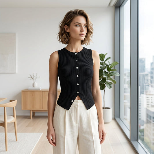 🔥🌺 Promotion : 55 % de réduction sur les gilets 🌺🔥Gilet sans manches à boutons pour femme, en maille côtelée