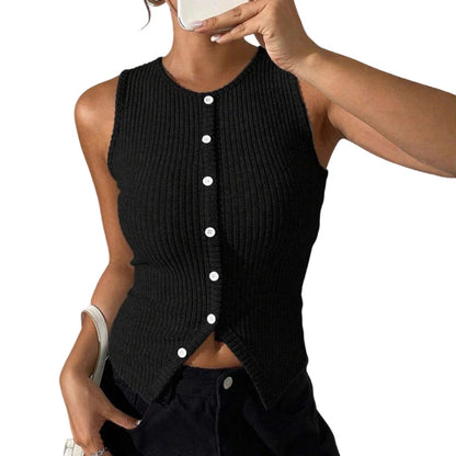 🔥🌺 Promotion : 55 % de réduction sur les gilets 🌺🔥Gilet sans manches à boutons pour femme, en maille côtelée