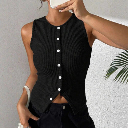 🔥🌺 Promotion : 55 % de réduction sur les gilets 🌺🔥Gilet sans manches à boutons pour femme, en maille côtelée