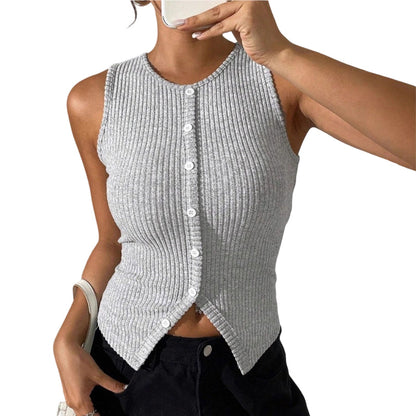 🔥🌺 Promotion : 55 % de réduction sur les gilets 🌺🔥Gilet sans manches à boutons pour femme, en maille côtelée