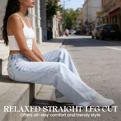 👖✨50 % de réduction +  livraison gratuite 🌸Jean droit taille haute brodé d'un nœud