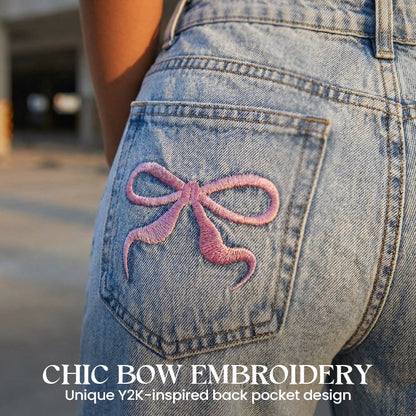 👖✨50 % de réduction +  livraison gratuite 🌸Jean droit taille haute brodé d'un nœud