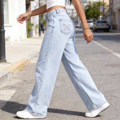 👖✨50 % de réduction +  livraison gratuite 🌸Jean droit taille haute brodé d'un nœud