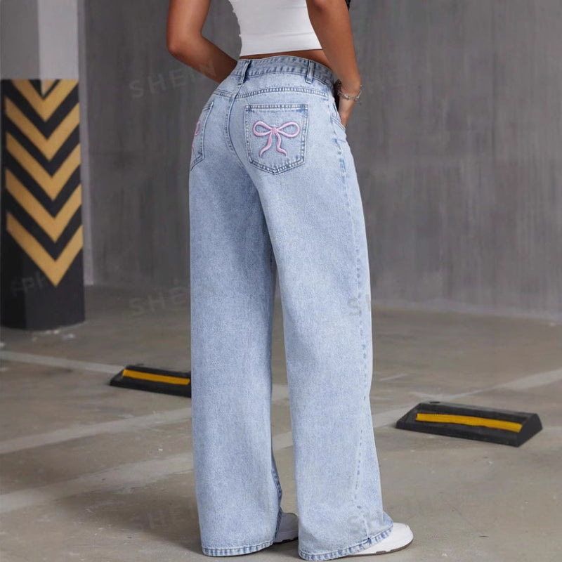 👖✨50 % de réduction +  livraison gratuite 🌸Jean droit taille haute brodé d'un nœud