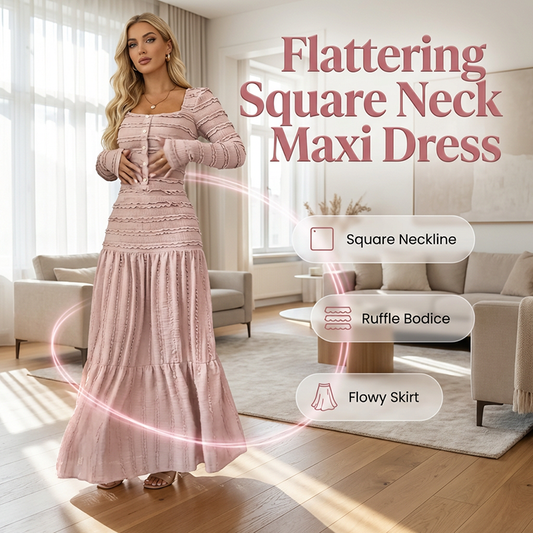 💐53% de réduction🌺 Robe Longue à Volants – Corsage Froncé & Encolure Carrée 🌺💎