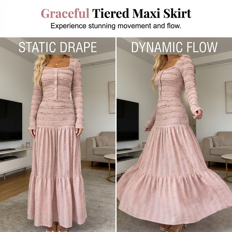 💐53% de réduction🌺 Robe Longue à Volants – Corsage Froncé & Encolure Carrée 🌺💎