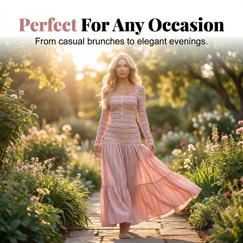 💐53% de réduction🌺 Robe Longue à Volants – Corsage Froncé & Encolure Carrée 🌺💎