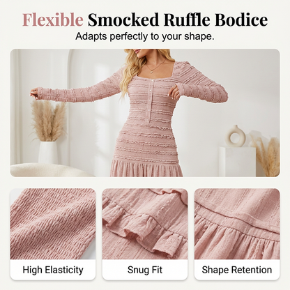 💐53% de réduction🌺 Robe Longue à Volants – Corsage Froncé & Encolure Carrée 🌺💎