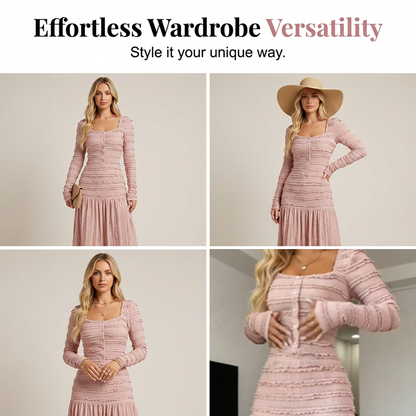 💐53% de réduction🌺 Robe Longue à Volants – Corsage Froncé & Encolure Carrée 🌺💎