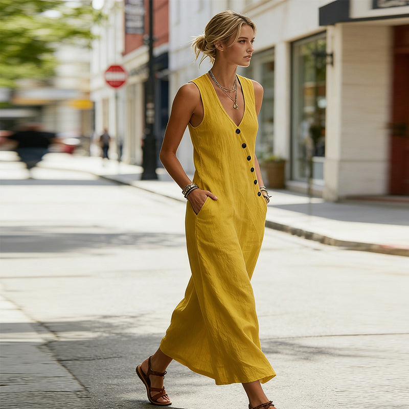 👗⏰ 55% DE RÉDUCTION ! Robe Longue Femme en Coton-Lin – Col en V, Boutons Asymétriques & Poches, Coupe Fluide pour l'Été 🌊