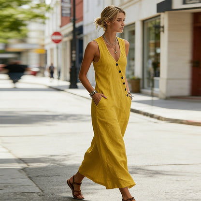 👗⏰ 55% DE RÉDUCTION ! Robe Longue Femme en Coton-Lin – Col en V, Boutons Asymétriques & Poches, Coupe Fluide pour l'Été 🌊