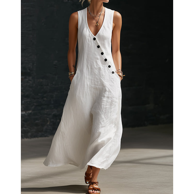 👗⏰ 55% DE RÉDUCTION ! Robe Longue Femme en Coton-Lin – Col en V, Boutons Asymétriques & Poches, Coupe Fluide pour l'Été 🌊