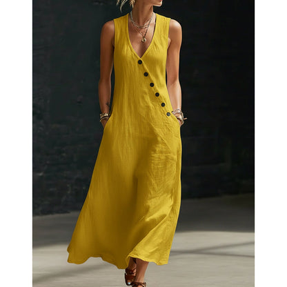 👗⏰ 55% DE RÉDUCTION ! Robe Longue Femme en Coton-Lin – Col en V, Boutons Asymétriques & Poches, Coupe Fluide pour l'Été 🌊