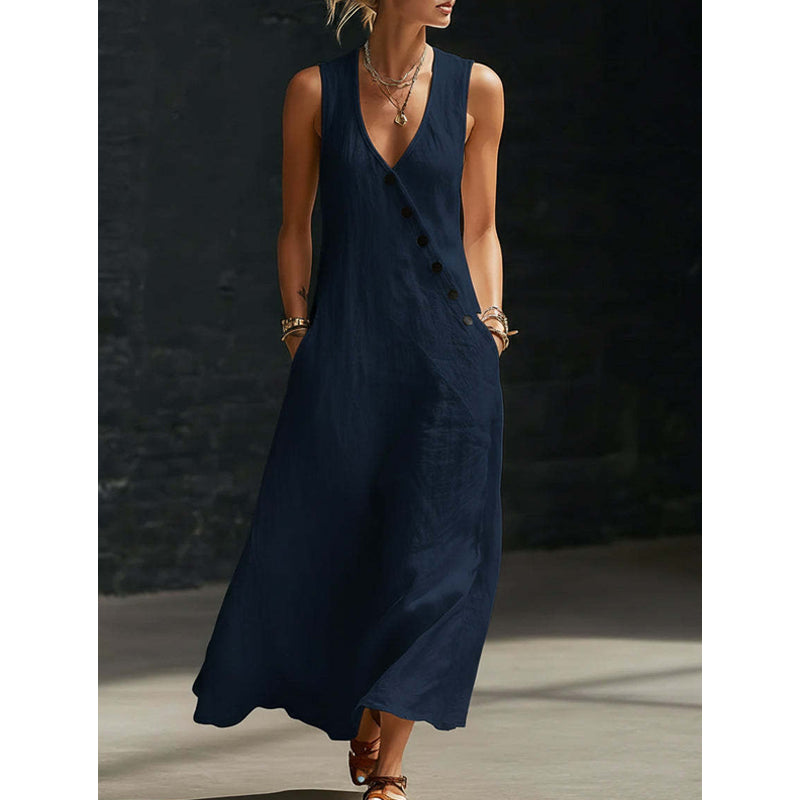 👗⏰ 55% DE RÉDUCTION ! Robe Longue Femme en Coton-Lin – Col en V, Boutons Asymétriques & Poches, Coupe Fluide pour l'Été 🌊