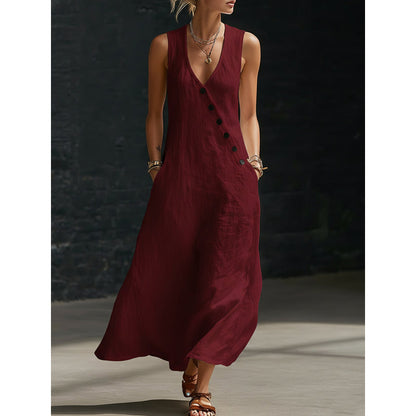 👗⏰ 55% DE RÉDUCTION ! Robe Longue Femme en Coton-Lin – Col en V, Boutons Asymétriques & Poches, Coupe Fluide pour l'Été 🌊