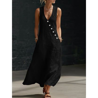 👗⏰ 55% DE RÉDUCTION ! Robe Longue Femme en Coton-Lin – Col en V, Boutons Asymétriques & Poches, Coupe Fluide pour l'Été 🌊