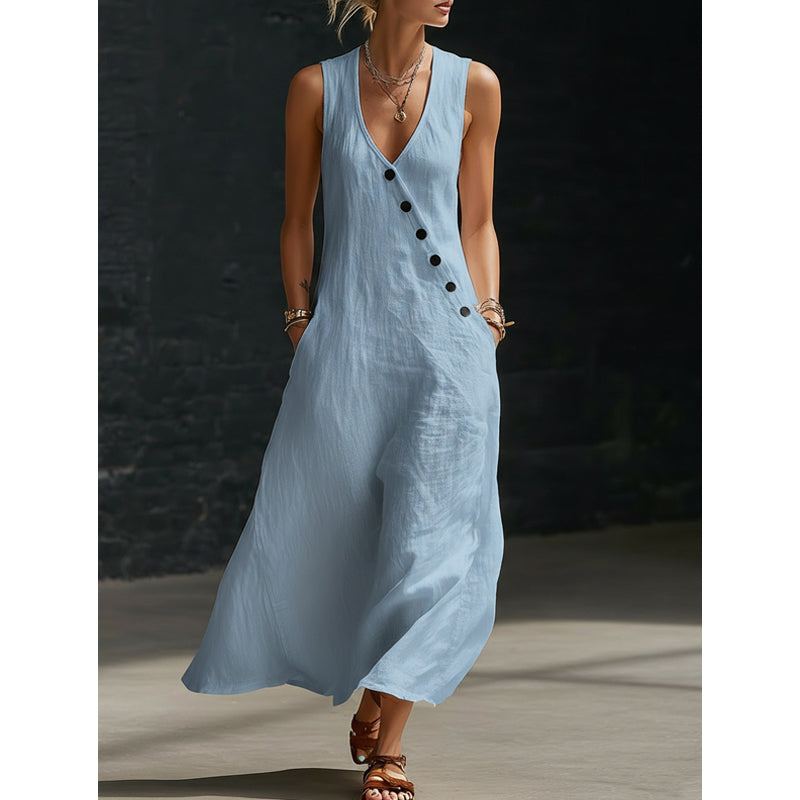 👗⏰ 55% DE RÉDUCTION ! Robe Longue Femme en Coton-Lin – Col en V, Boutons Asymétriques & Poches, Coupe Fluide pour l'Été 🌊