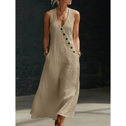 👗⏰ 55% DE RÉDUCTION ! Robe Longue Femme en Coton-Lin – Col en V, Boutons Asymétriques & Poches, Coupe Fluide pour l'Été 🌊