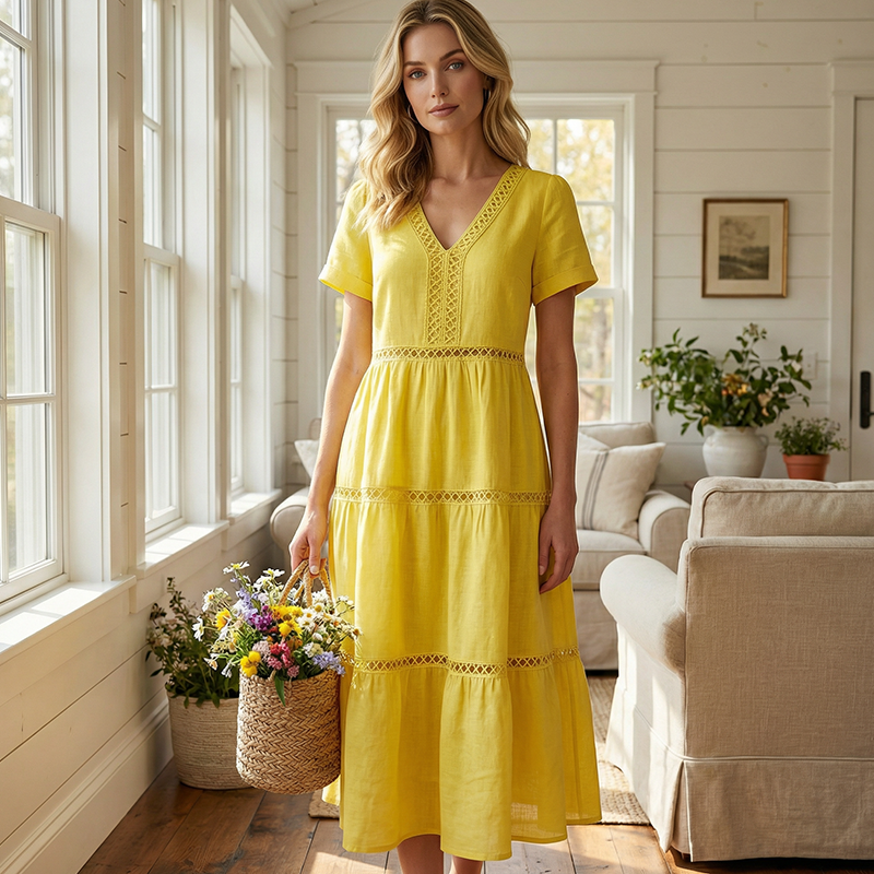 🌺👗 52 % de réduction 🌺 Robe élégante à encolure en V et empiècements en dentelle pour femme