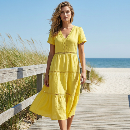🌺👗 52 % de réduction 🌺 Robe élégante à encolure en V et empiècements en dentelle pour femme