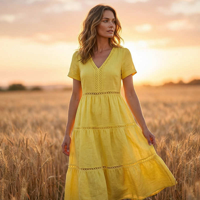 🌺👗 52 % de réduction 🌺 Robe élégante à encolure en V et empiècements en dentelle pour femme