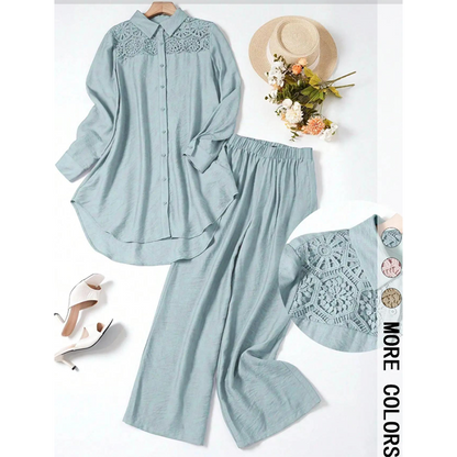 ✨🌺 50 % de réduction + livraison gratuite🔥 Ensemble deux pièces composé d'une chemise et d'un pantalon en patchwork de dentelle